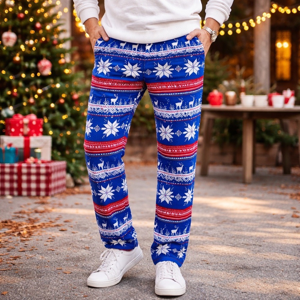 OPPOSUITS Mens Ugly Christmas Pants Reindeer Snowflake Blue Red Size 38W 31L